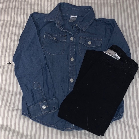 denim shirt black leggings